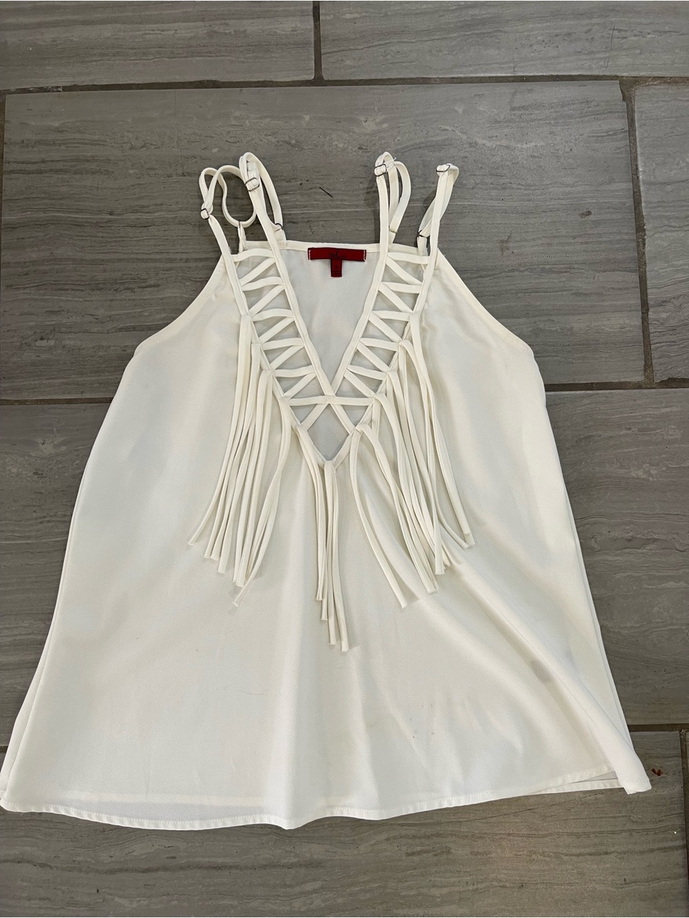 Women’s White Fringe Lattice Halter Tank Top